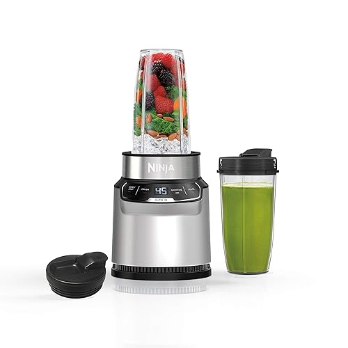 Ninja Blender, Nutri Pro, Personal Blender, For-Smoothies, Salsa, Shakes, and Frozen Drinks, Includes 2 Smoothie Cups, + Lids, Crushes Ice, Fruit, and Veggies, Single Serve Blender, Silver, BN401 - Auto Blend