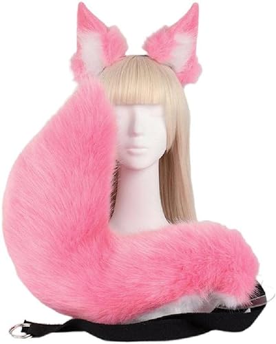 Wenzhtnsh Handmade Wolf Fox Cat Ears Headband Set and Faux Fur Tail for Halloween Cosplay Party Costume Accessories (Pink) - Pink