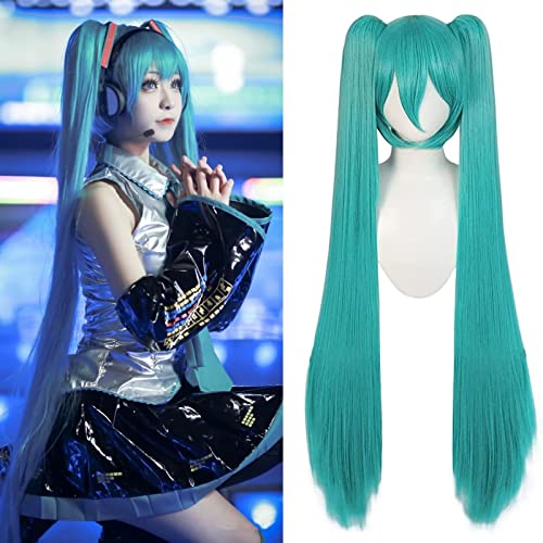 IMEYLE 47inch/120cm Green Wig Cosplay with Bangs Long Straight Wig 2 Ponytail Wig Peluca Verde for women Lolita Wig with Pigtails Kawaii Synthetic Wig for Anime Halloween Costume Party + Wig Cap - green