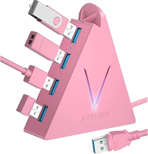 FlyingVHUB 4-Port USB 3.0 Hub, Vertical Data Hub with 2 ft Extended Cable, Compatible with Laptop, Desktop, Mac, PC, iMac, Surface Pro, Xbox One, PS4, PS5, XPS, Flash Drive, Mobile HDD (Pink) - 2ft - Pink