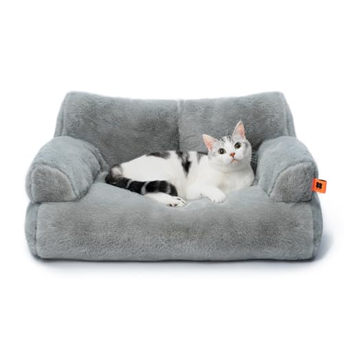 Pet Couch Bed, Washable Cat Beds for Medium Small Dogs & Cats up to 25 lbs, Durable Dog Beds with Non-Slip Bottom, Fluffy Cat Couch, Grey 26×19×13 Inch - Grey