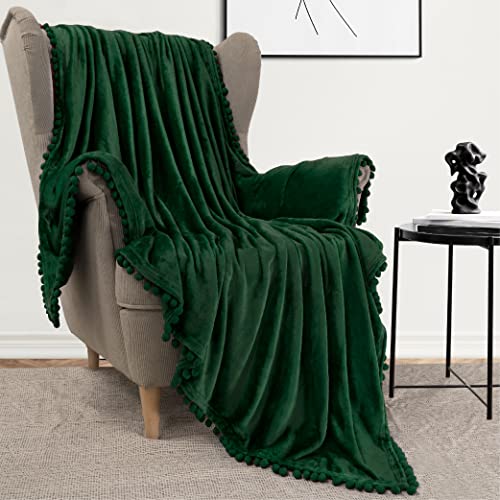 PAVILIA Emerald Green Throw Blanket Pom Pom Twin Bed Couch Sofa, Fleece Soft Fuzzy Cozy Lightweight Pompom Fringe Blanket, Decorative Boho Room Home Decor Gift Flannel Velvet Throw, Dark Green, 60x80 - Emerald Green - Twin