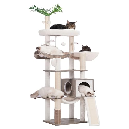 Hebly Wood Cat Tree for Indoor Cats, Cat Condo for Large Cats,Modern Cat Scratching Tower with Basket,Hammock,Dangling Ball and Leaves,Rustic Gray HCT120SG - Rustic Gary