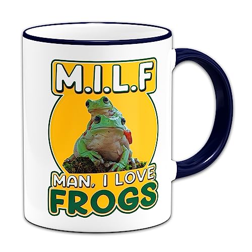 Milf Man I Love Frogs Novelty Ceramic Mug (Dark Blue Handle/Rim)