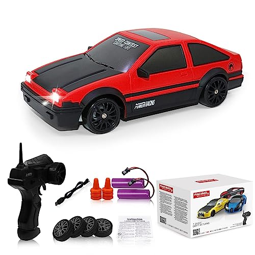 Remote Control Car RC Drift Car 2.4GHz 1:24 Scale 4WD 15KM/H High Speed Model Vehicle with LED Lights Drifting Tire Racing Sport Toy Car for Adults Boys Girls Kids Gift 2Pcs Rechargeable Batteries - A-red