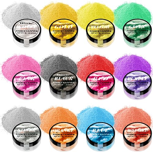 Edible Glitter for Drinks - 12 Colors Luster Dust Edible with Spoons Brushes, Food Grade Edible Glitter for Cake Decorating, Shimmering Edible Powder for Fondant, Chocolate, Strawberries, Candy - 4g - 12 Colors Edible Glitter