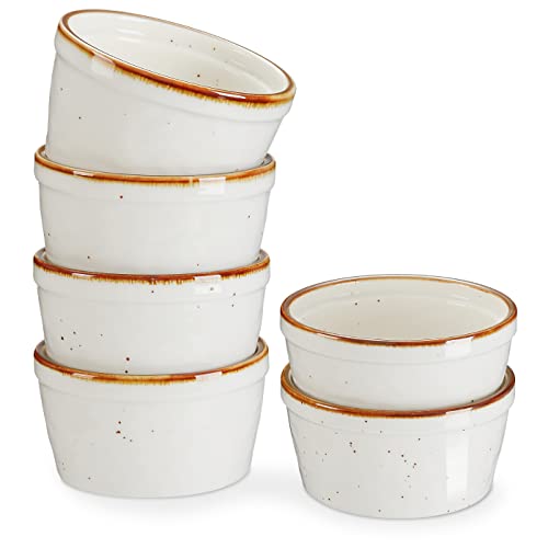 ONEMORE 12 oz Ramekins - Set of 6 | Oven Safe Ceramic Souffle Dishes for Creme Brulee, French Onion Soup, Pot Pies, and More | Rustic Design with Warm Cream Glaze - Creamy White - 12 oz
