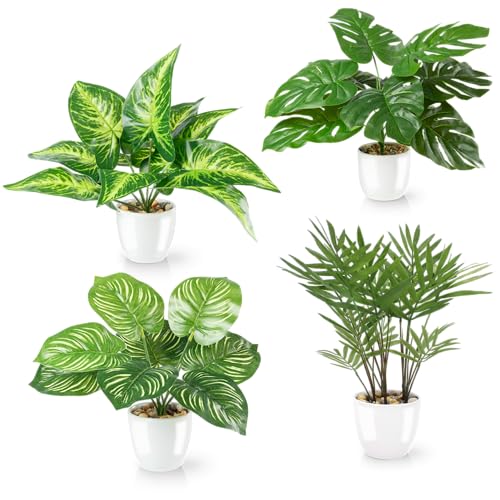 PASCH® 4er Set Tropische Kunstpflanzen wie echt (25cm) in weißen Keramiktöpfen: u.a. Monstera künstlich & Areca Kunstpalme | Künstliche Pflanzen im Topf | Fake Plant | Kunstblumen im Topf - 25 cm - Tropenpflanzen Mix (4 Stück)