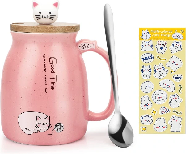 Yuragim Katzen Tasse, 450ml Süße Keramik Kaffeetasse mit Deckel+Edelstahl Löffel+Aufkleber, Tee Tasse Milch Teetasse Kaffeebecher Geburtstagsgeschenk für Mama Frauen Mädchen Katzenliebhaber Muttertag - Rosa⭐⭐⭐⭐⭐