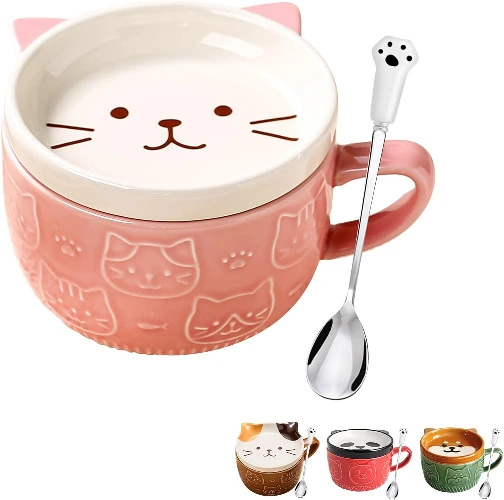 Geschenke für Frauen, Süß Kawaii Rosa Katze Lustige Tasse, Kaffeetassen mit Deckel Set, Kaffeetassen für Katzenliebhaber, Frauen, Mädchen, Kinder, Weihnachten, Geburtstagsgeschenk - Rosa Katze