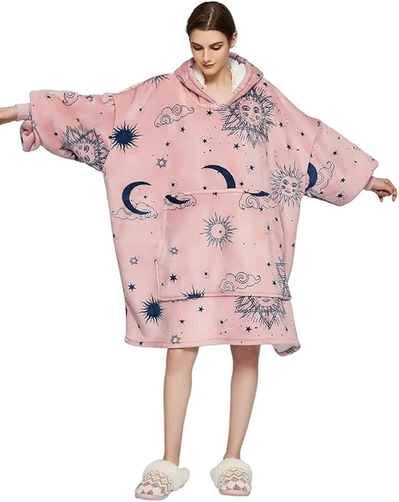 Sacebeleu Decke Hoodie Sweatshirt | Flauschige Sherpa TV-Decke mit Ärmeln | Oversized Kapuzen Pullover Kuscheldecke mit Känguru Tasche | Flanell Fleecedecke | Einheitsgröße für Damen,Herren - Sonnenmuster