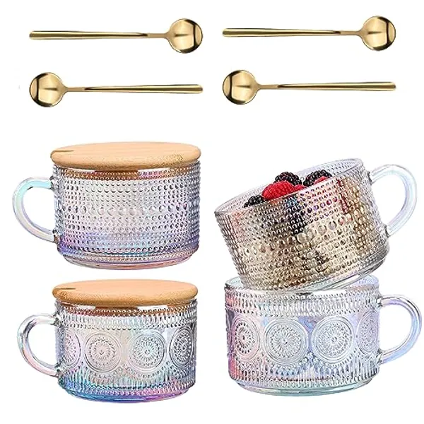 Set von 4 Vintage Kaffeetassen, Glas Tee Tassen, klare geprägte Glastassen mit Bambus, Frühstückstassen, für Cappuccino, Latte, Müsli, Joghurt, Milch, Geburtstag, Weihnachtstagsgeschenk (Regenbogen)