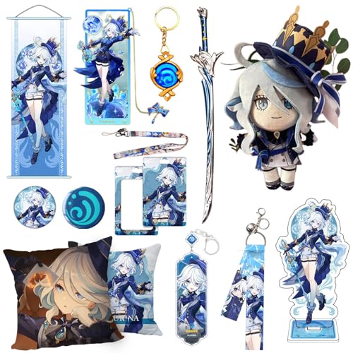 Genshin Merch Box-Including Doll,Pillowcase,Acrylic Stand,Amulet,Keychain,Bell Pendant,2 Brooch,30 Lomo card,50 Sticker - Furina
