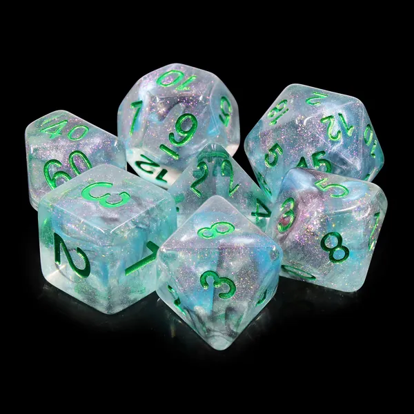 DND Polyhedral Dice RPG Dice for Dungeons and Dragons,Pathfinder,MTG,D&D Role Playing Game,Green Single Floating Transparent Flashing Green Glitter Dice Set,with Grey Waterproof Bag