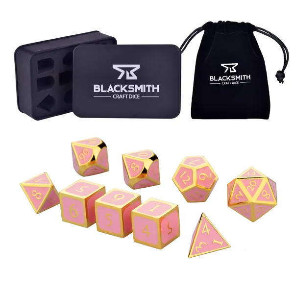 HEIMDALLR Metal D&D Dice Set 9 pcs - 2 Extra D6s, Metal Dice Box & Velvet Dice Bag; Metal DND Dice Set D&D (Dungeons and Dragons Dice Set) w D20 Dice - Blacksmith Craft Dice (Gilded Rose)