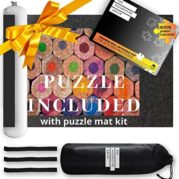 Puzzle Mat Roll Up for Jigsaw Puzzles Includes a Bonus 500 Piece Jigsaw Puzzle. Large Felt Mat for 500 1000 & 1500 pieces. A Full Set Packaged Nicely in a Quality Box