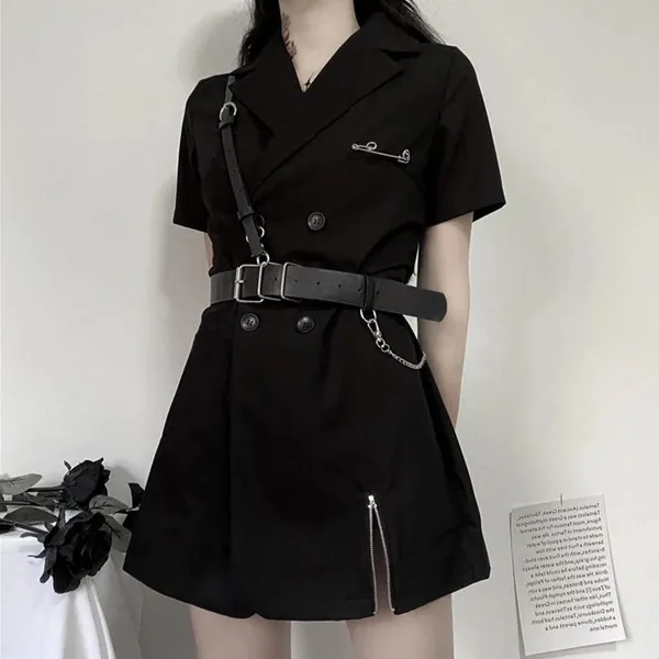 Accessorized Blazer Dress with Chained Belt | Black / XS