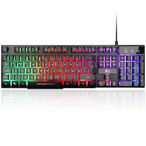 Rii Gaming Tastatur PC, PS4 Tastatur USB, Regenbogen Beleuchtete Tastatur LED, Gaming Keyboard ideal für Gamer|Büro（Deutsches Layout）