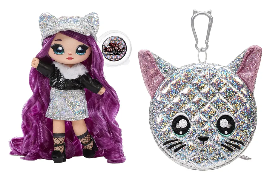 Na Na Na Surprise Glam Series Chrissy Diamond Fashion Doll & Metallic Cat Purse, Purple Hair, Cute Kitty Ear Hat Outfit & Accessories, 2-in-1 Gift for Kids, Toy for Girls & Boys Ages 5 6 7 8+ Years -