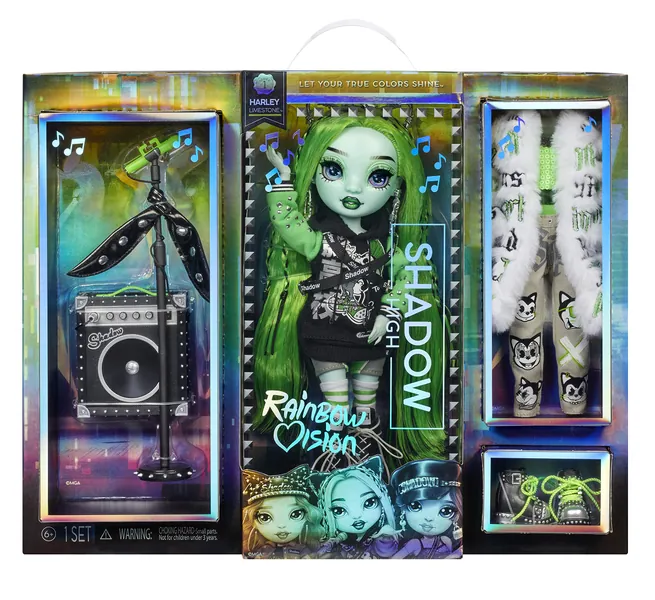 Rainbow Vision Shadow High Neon Shadow - Harley Limestone (Neon Green) Fashion Doll. 2 Designer Outfits Mix & Match Rock Band Accessories PLAYSET, Great Gift for Kids 6-12 Years Old & Collectors -