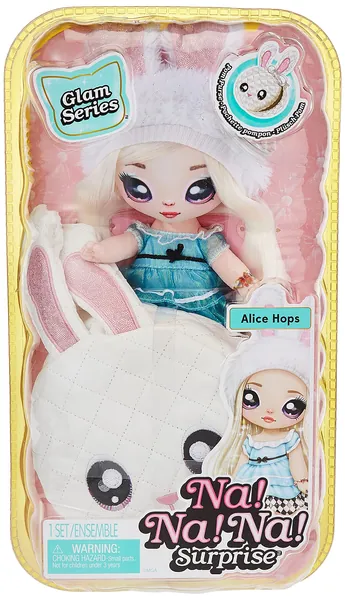 Na! Na! Na! Surprise Glam Series Alice Hops Fashion Doll and Metallic Rabbit Purse, Blonde Hair, Shiny Blue Dress, Bunny Ears Hat & Accessories, 2-in-1 Kids Gift, Toy for Girls Ages 5 6 7 8+ Years -