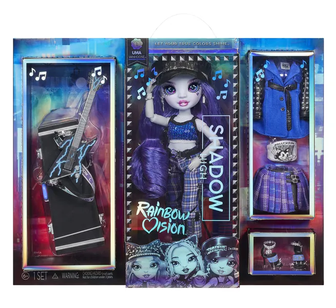 Rainbow Vision Shadow High Neon Shadow - Uma Vanhoose (Neon Blue) Fashion Doll. 2 Designer Outfits to Mix & Match with Rock Band Accessories PLAYSET, Great Gift for Kids 6-12 Years Old & Collectors -