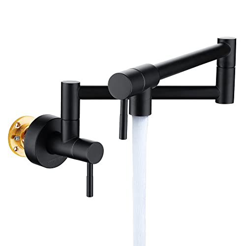 Fransiton Matte Black Pot Filler, Pot Filler Faucet Wall Mount, Brass Folding Stretchable with Double Joint Swing Arm Single Hole Two Handles Kitchen Restaurant - Matte Black
