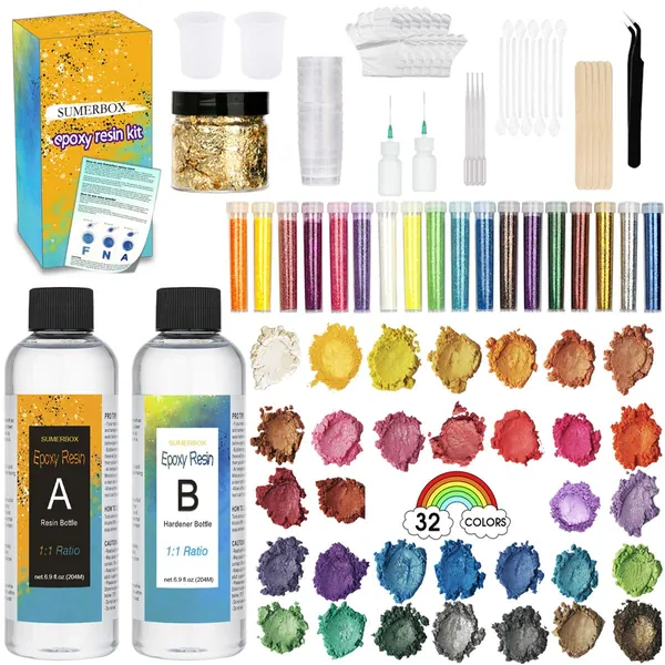 SUMERBOX Clear Cast Epoxy Resin Kit, Cast Resin 13.8 Ounce, 32 Assorted Colors Mica Powders, Measuring Cups, Tip Applicator Bottles, Gloves, Pipettes, Mixing Sticks, Clear Spoons - 