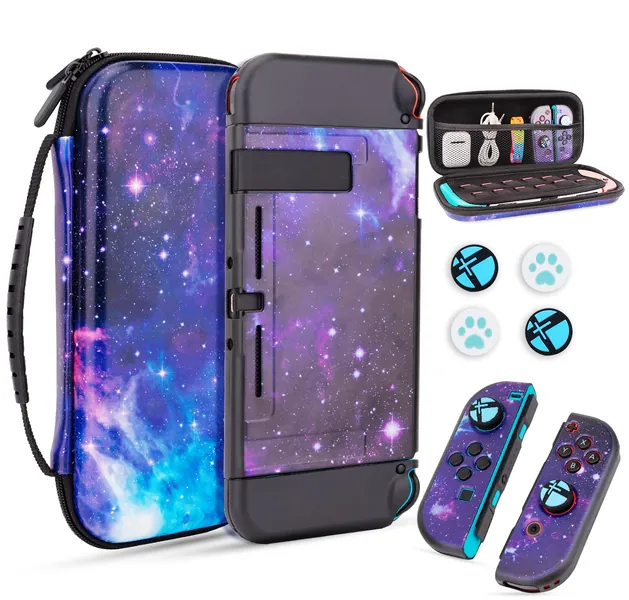 TCJJ Hard Carrying Case Compatible with Nintendo Switch,Galaxy Portable Travel Case with Soft TPU Protective Cover Case & Thumb Grips for Nintendo Switch,Black - 