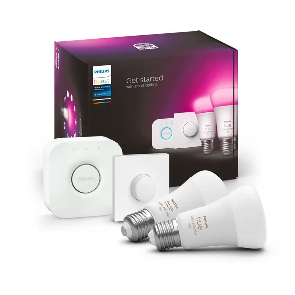Philips Hue White and Color Ambiance startpaket (2 x E27 ljuskällor + Hue Bridge + Hue Smart Button): A60, 1100 lumen, 9.5W, Zigbee & BT, röststyrning med Amazon Alexa, Google Home Assistant och Siri