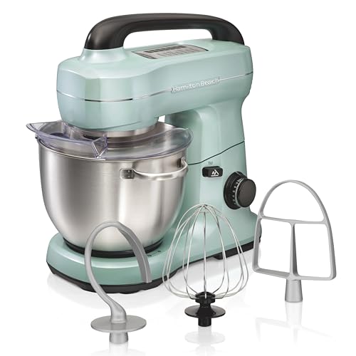 Hamilton Beach Electric Stand Mixer, 4 Quarts, Dough Hook, Flat Beater Attachments, Splash Guard, 7 Speeds with Whisk, Aqua - Aqua - 4 Quarts
