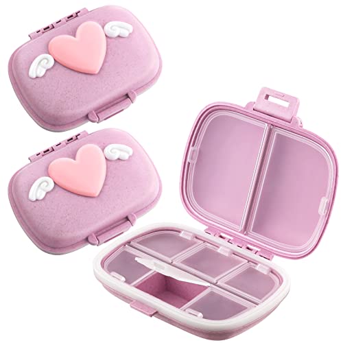 3 Packs Travel Pill Organizer 8 Compartments Small Cute Pill Container Angel Heart Pill Case Portable Pill Holder Daily Pill Holder Container for Pocket Purse (Pink)