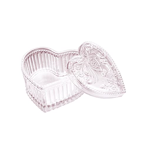Zumllex Elegant Embossed Heart-Shaped Pink Crystal Glass Candy Box with Lid Food Jewelry Box Storage Jar - Pink
