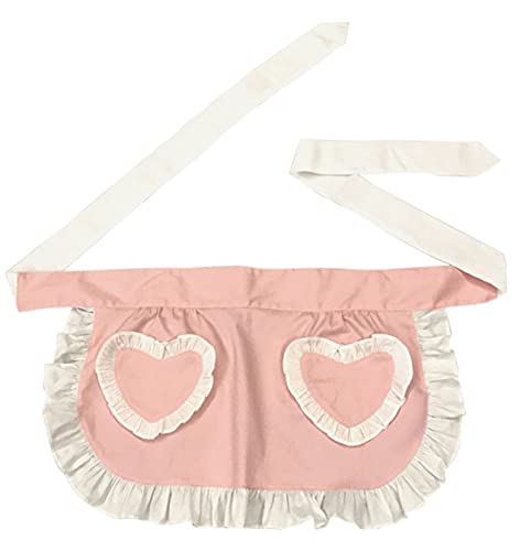 CRB Fashion Waist Apron Kitchen Cooking Restaurant 100% Cotton Bistro Half Aprons with Pockets For Girl Woman - Pink Heart