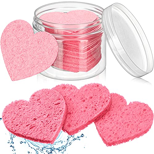 60 Pieces Facial Sponges with Container, Heart Shape Compressed Face Sponge Natural Sponge Pads for Washing Face Cleansing Exfoliating Esthetician Makeup Removal (Pink) - Pink