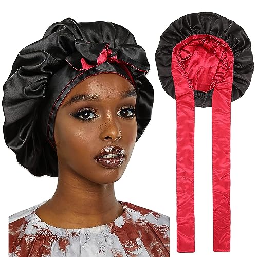 HAIMEIKANG Satin Bonnet-Silk Sleep Cap Non Slip Hair Wrap for Women Night Cap for Long/Curly Hair with Elastic Tie Band(Black+Red) - One Size - Black+red