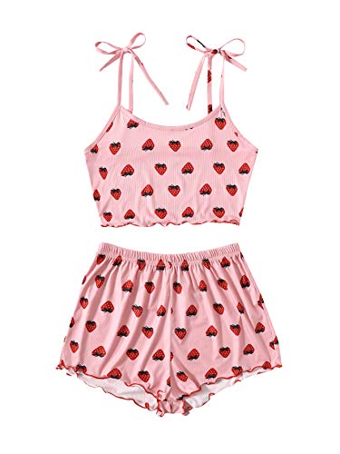 SweatyRocks Women's Summer Strawberry Print Cami Top and Shorts Sleepwear Pajamas Set - Large - Strawberry Pink