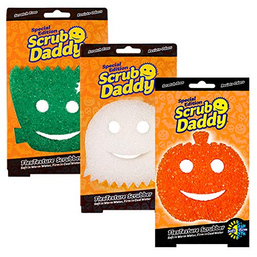 Scrub Daddy Halloween Scrubber, Cleaning Sponges for Washing Up, Dish, Kitchen Sponge, Non Scratch Multi-Use Scrubbing, FlexTexture Firm & Soft Design, Dishwashing Safe, 3-Pack - 3 Count (Pack of 1) - Mixed