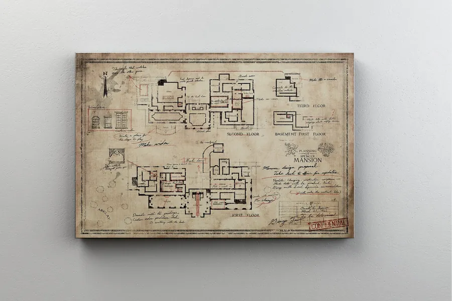 Resident Evil Poster , The Spencer Mansion Plan  & Map - High Quality Ready To Hang Canvas - Various Sizes