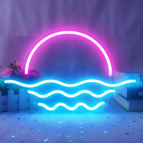 Sunrise Sunset Neon Sign Dimmable Wave Neon Sign Tropical Bedroom Decor Sunrise Neon Surf Room Decor Ocean Neon Sign for Living Room Bedroom Office Bar Birthday Party Christmas (Ice blue,Pink) 15.6in - D-Sunrise Sunset