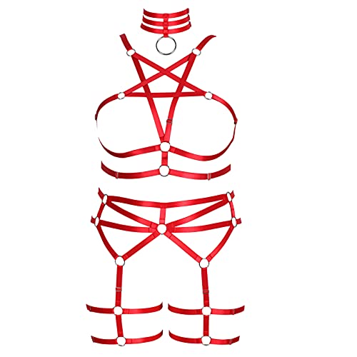 BANSSGOTH Pentagram Plus Size Women's Body Harness Punk Full Cage Bra Set Hollow Out Adjustable Gothic Dance Festival Rave - 20 Plus - Red