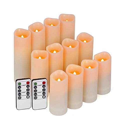 Enido Flameless Waterproof Led Candles, Battery Operated with 10-Key Remotes and Cycling 24 Hours Timer For Outdoor, Indoor, Wedding Décor, Exquisite Pack of 12 (D2.2'' x H4''5''6'') - Ivory White