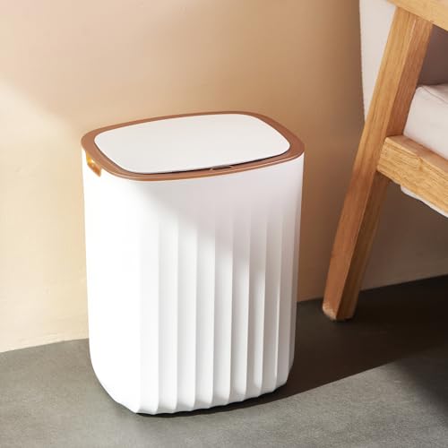 ELPHECO 3.5 Gallon Waterproof Motion Sensor Bedroom Trash Can with Lid, Automatic Garbage Bin for Bathroom Living Room Office, Golden - White with Golden Trim