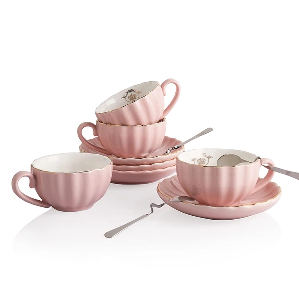 SWEEJAR Royal Ceramic Tea Cups and Saucers Set, 8 Ounce for Espresso Cups, Cappuccino Cups, Latte Cups - Set of 4(Pink) - Pink 4