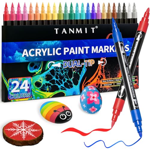24 Colors Acrylic Paint Pens, Dual Tip Acrylic Paint Markers with Brush Tip and Fine Tip, Acrylic Pens for Rock Painting, Wood, Canvas, Stone, Glass, Ceramic,DIY Crafts Making Art Supplies
