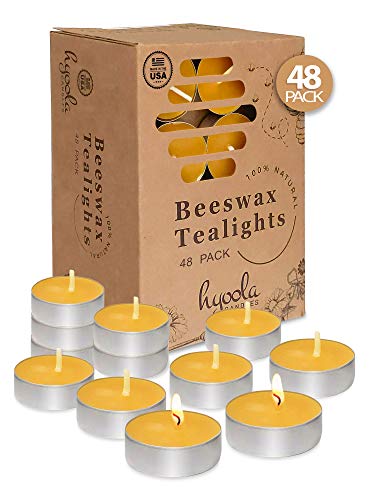 HYOOLA Beeswax Tealight Candles in Aluminum Cup - 48 Pack - 100% Pure Natural Beeswax Candles - 48-Pack