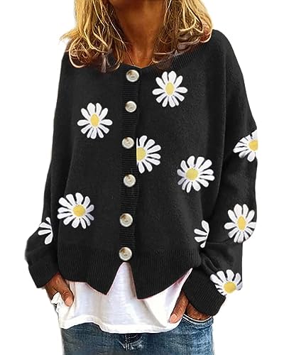 Costaric Womens Long Sleeve Daisy Flower Cardigan Sweaters Plus Size Aesthetic 90s Button Down Open Front Sweater Outfits - XX-Large - Black