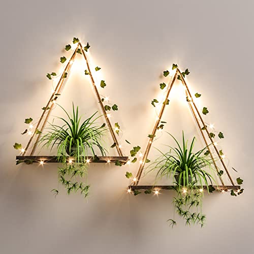 RICHER HOUSE Artificial Ivy LED-Strip Wall Hanging Shelves Set of 2, Macrame Shelf for Bedroom Bathroom Living Room Kitchen, Wood Hanging Plant Shelves for Wall Décor - Ivy With Led-strip