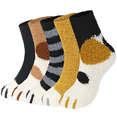 Trifabricy Fuzzy Socks for Women, Cute Winter Fluffy Socks, Warm Soft Cozy socks, Funny Novelty Socks Slipper Socks for women - Cat Paw-5 Pairs,6-10