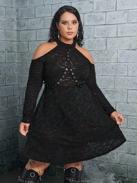 ROMWE PUNK Plus Cold Shoulder Sheer Dress
